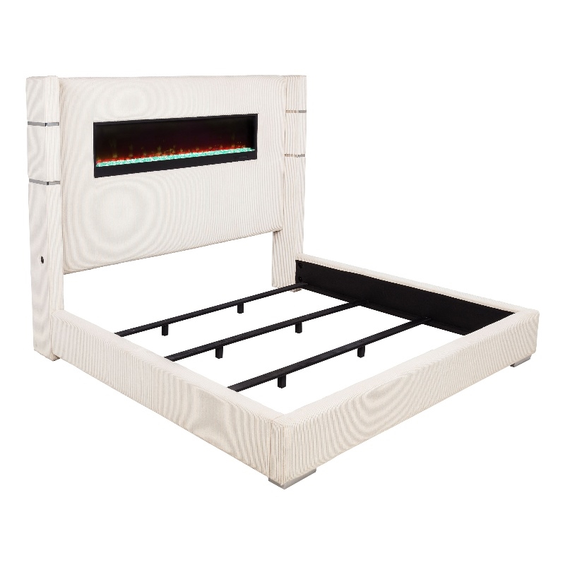 Pemberly Row 67-inch Fabric Upholstered Eastern King Fireplace Bed in Cream