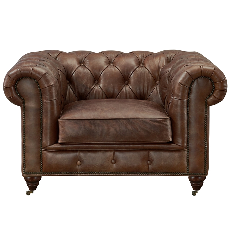 Pemberly Row Craftsman Mission Leather Arm Chair in Brown Finish