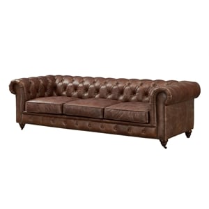 Pemberly Row Top Grain Leather Chesterfield 95&quot Leather Sofa in Dark Brown