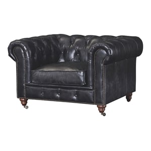 Pemberly Row Craftsman Mission Leather Arm Chair in Black Finish
