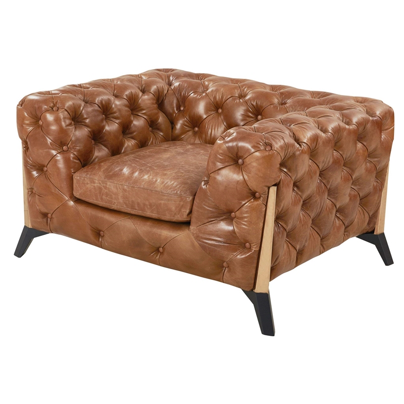 Pemberly Row Top Grain Leather Chesterfield Tufted Arm Chair in Light Brown