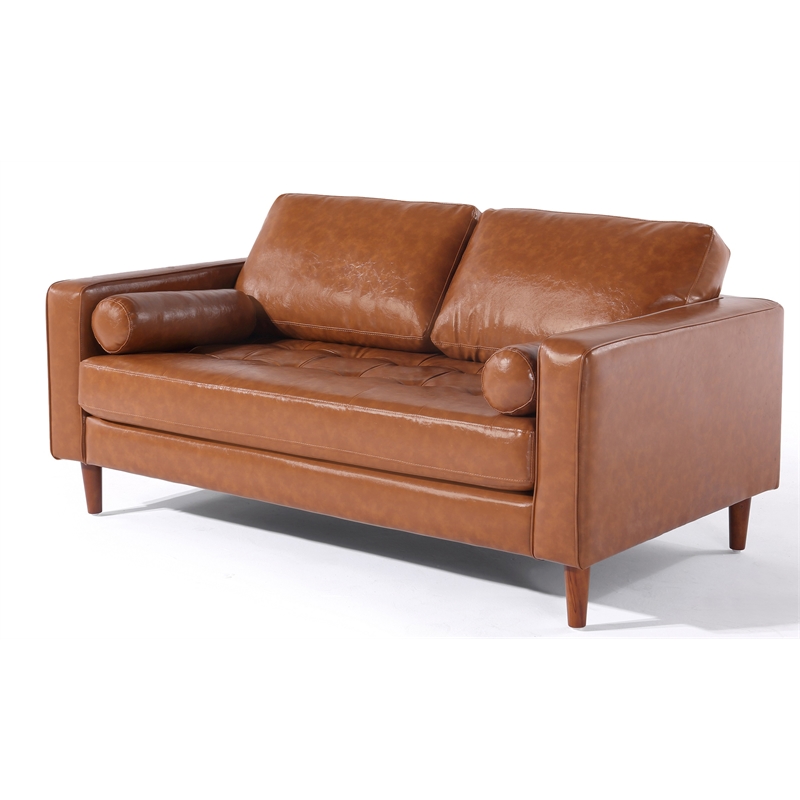 Pemberly Row Contemporary PU Faux Leather Loveseat in Brown Finish