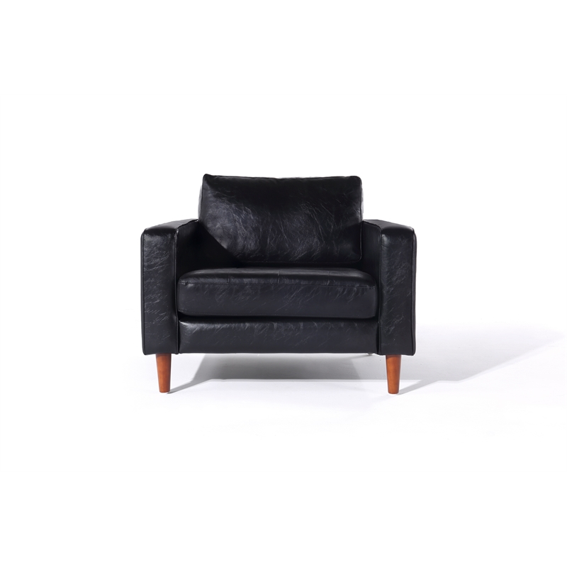Pemberly Row Contemporary PU Faux Leather & Wood Arm Chair in Black