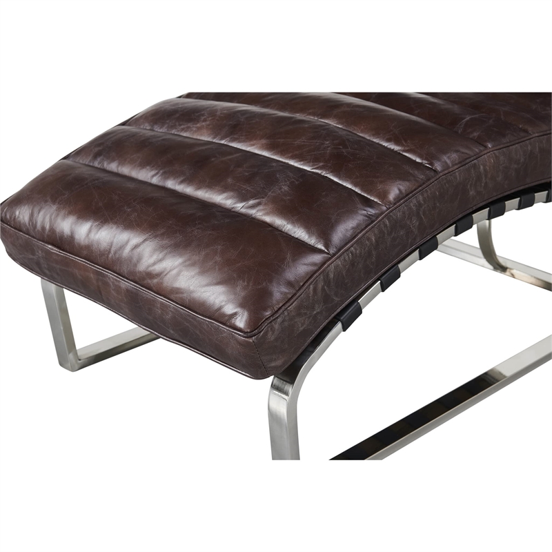 Pemberly Row Channeled Leather & Steel Chaise Lounge in Dark Brown