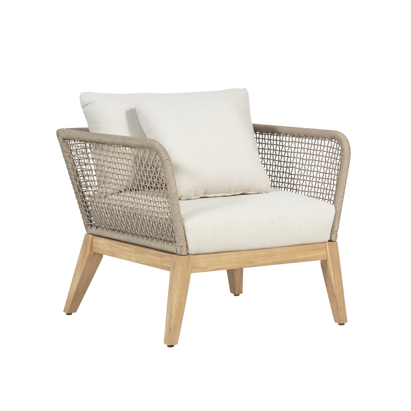 Pemberly Row Teak Wood Outdoor Arm Chair with Beige Rope Design