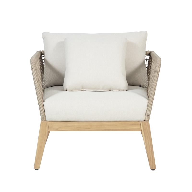 Pemberly Row Teak Wood Outdoor Arm Chair with Beige Rope Design