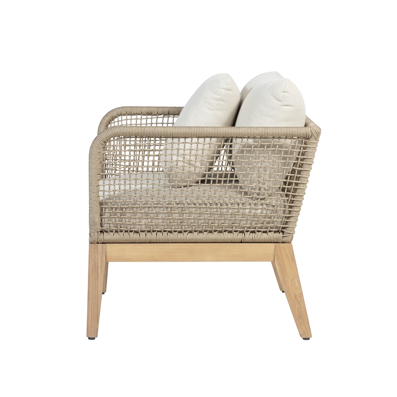 Pemberly Row Teak Wood Outdoor Arm Chair with Beige Rope Design