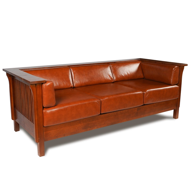 Pemberly Row Mission / Craftsman Cubic Slat Side Sofa - Russet Brown Leather