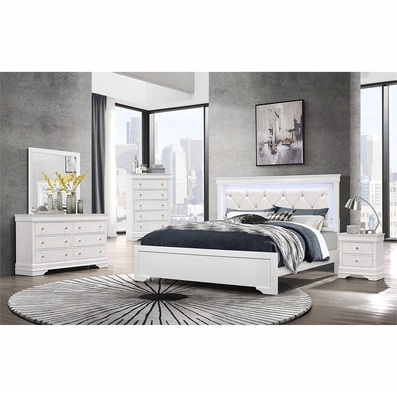 Pemberly Row Contemporary Metallic White King Bed w/ LED Light