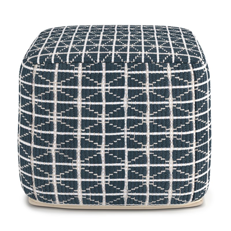 Pemberly Row Boho Square Pouf in Dark Blue and White Handloom Woven Pattern