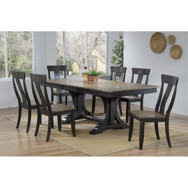 Pemberly Row Contemporary 7-Pc Panel Wood Dining Set in Gray/Black Stone