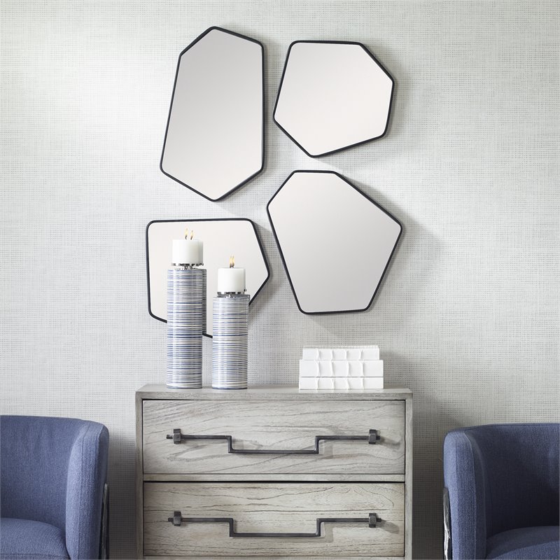 Pemberly Row Contemporary Iron MDF and Glass Mirror in Black (Set of 4)