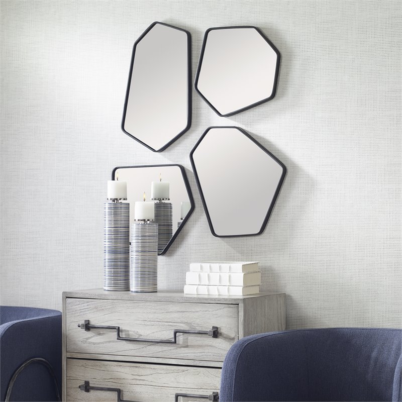 Pemberly Row Contemporary Iron MDF and Glass Mirror in Black (Set of 4)