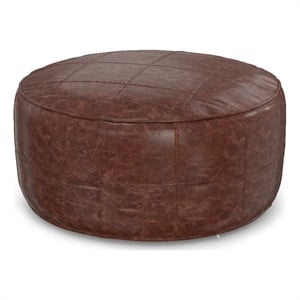 Pemberly Row Boho 34&quotRound Coffee Table Pouf in Distressed Brown Genuine Leather