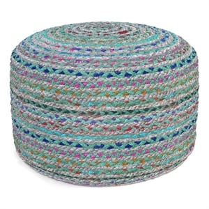 Pemberly Row Contemporary Boho Round Pouf in Green Braided Jute