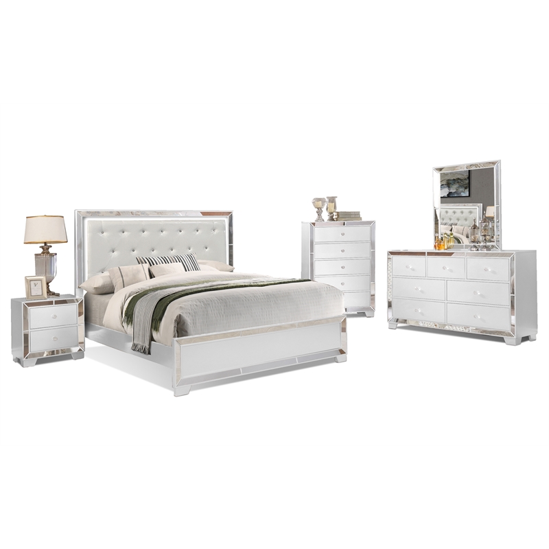 Pemberly Row Crystal Tufted with LED lightning 5pc Queen Bedroom Set in White