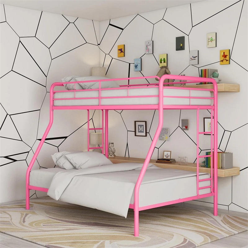 Pemberly Row Twin Over Full Steel Metal Kids Bunk Bed in Dusty Pink