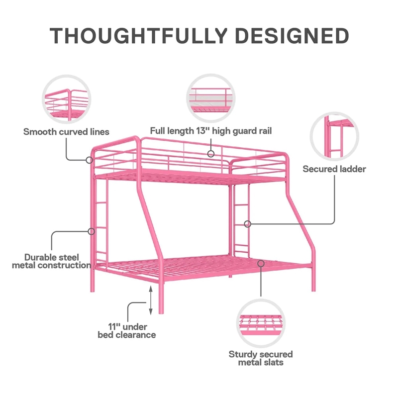 Pemberly Row Twin Over Full Steel Metal Kids Bunk Bed in Dusty Pink