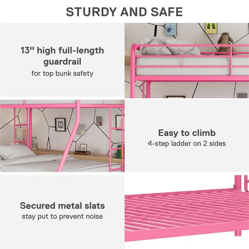 Pemberly Row Twin Over Full Steel Metal Kids Bunk Bed in Dusty Pink