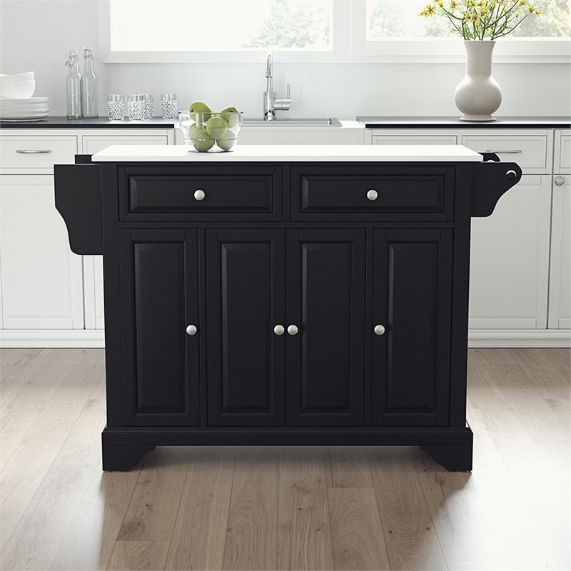 Pemberly Row Contemporary Wood Granite Top Kitchen Island in Matte Black