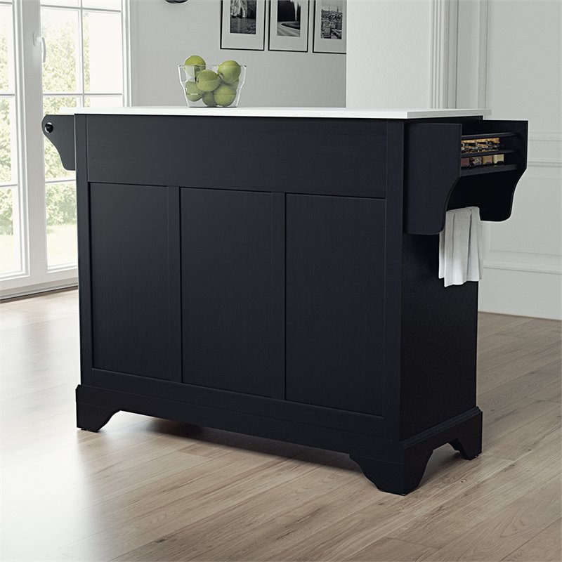 Pemberly Row Contemporary Wood Granite Top Kitchen Island in Matte Black