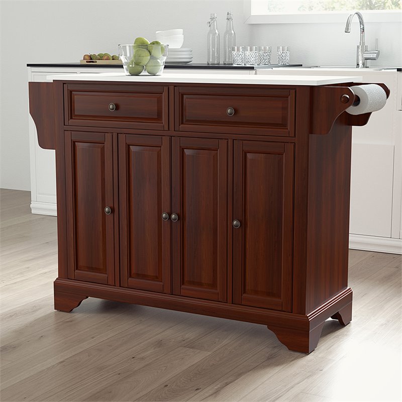 Pemberly Row Contemporary Wood Granite Top Kitchen Island in Mahogany