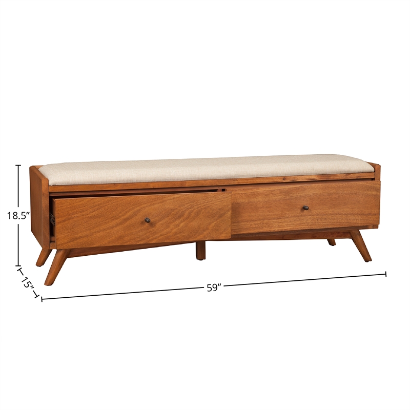 Pemberly Row Mid-Century Wood Bedroom Bench in Acorn Brown Finish