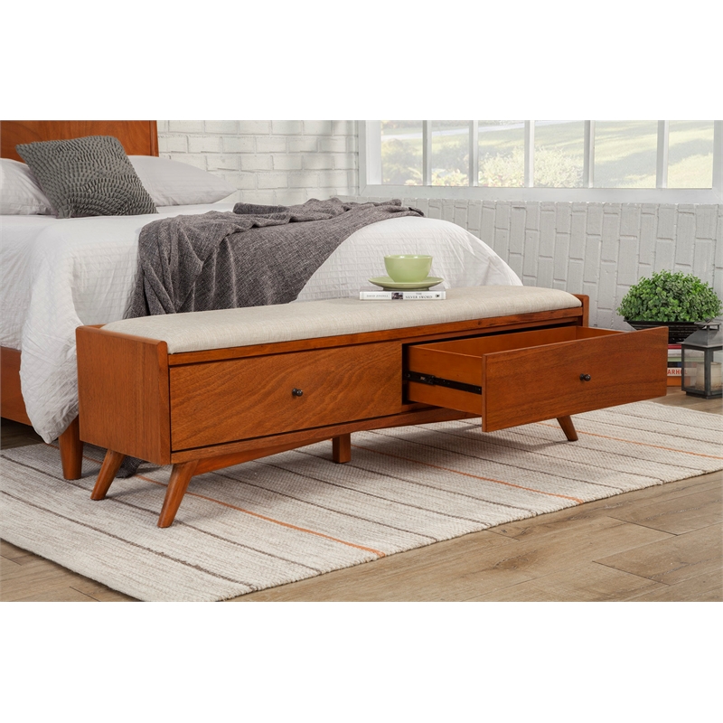 Pemberly Row Mid-Century Wood Bedroom Bench in Acorn Brown Finish