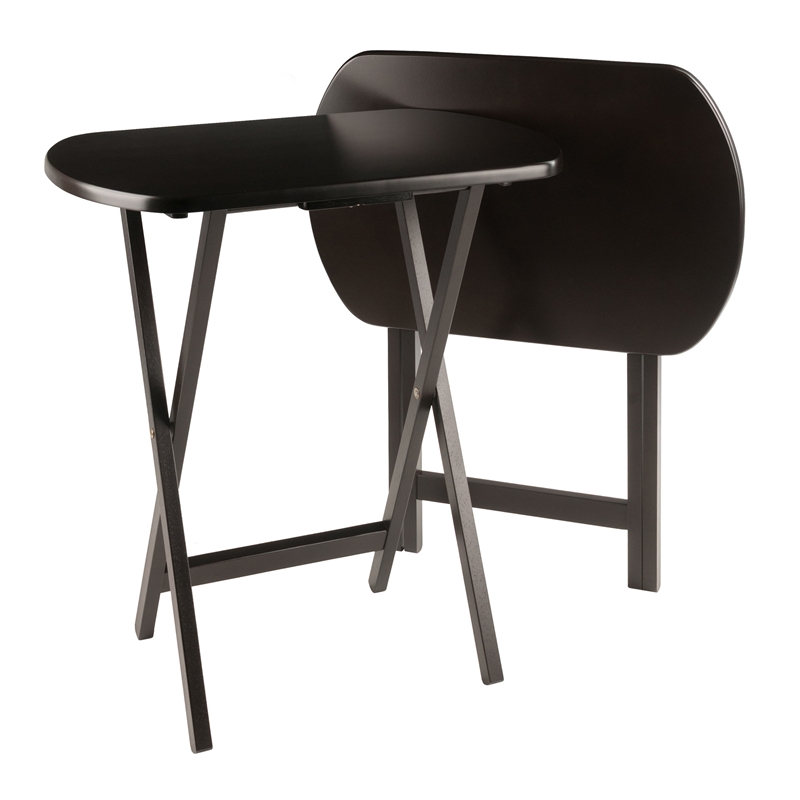 Pemberly Row 2-Piece Oversized Oblong Solid Wood Folding Snack Table in Coffee