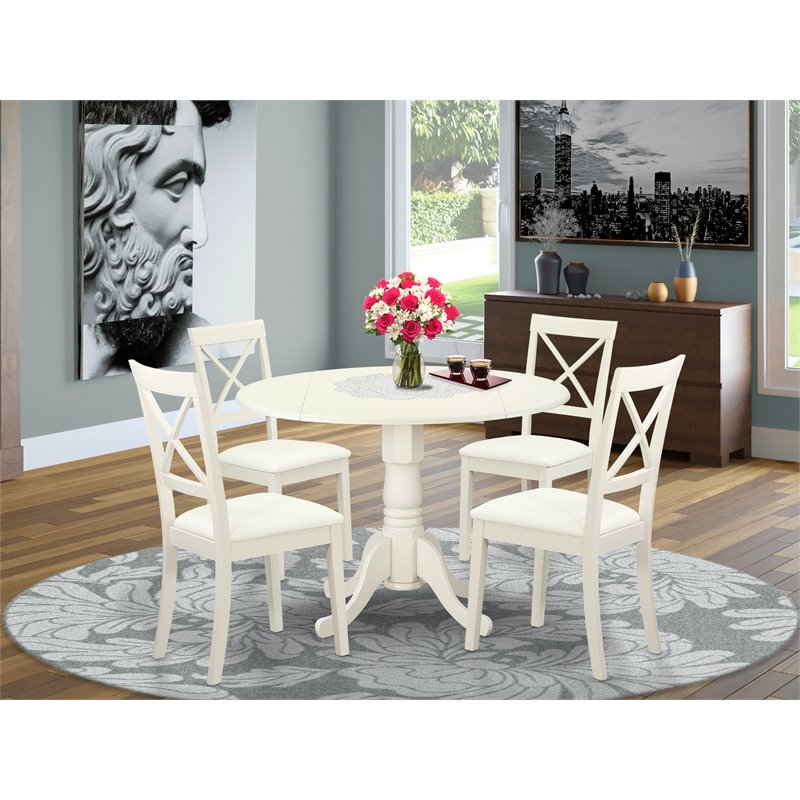 Pemberly Row 5-Piece Dining Set with Leather Chairs in Linen White