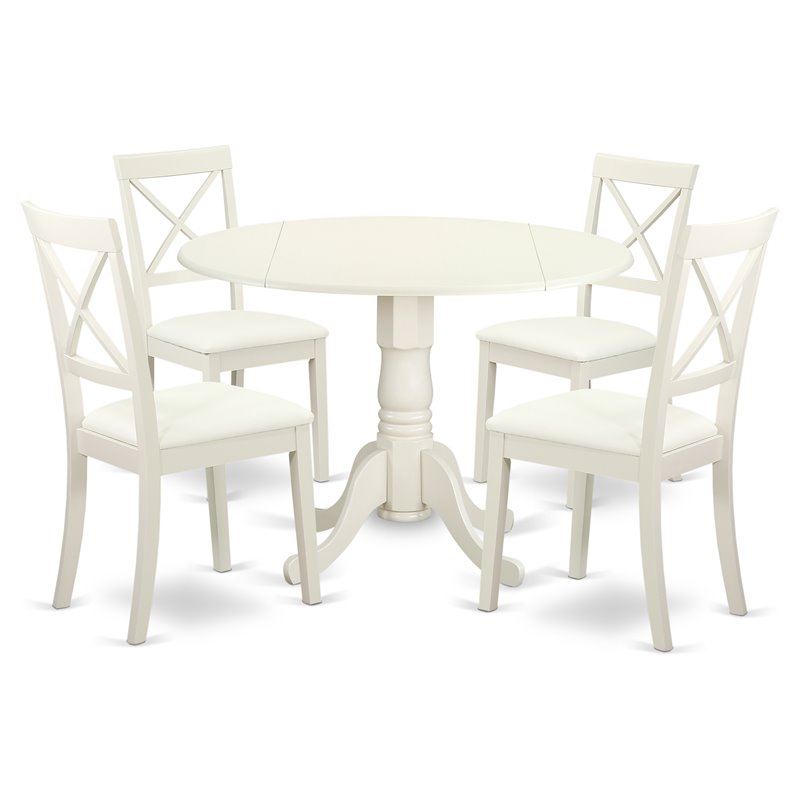 Pemberly Row 5-Piece Dining Set with Leather Chairs in Linen White