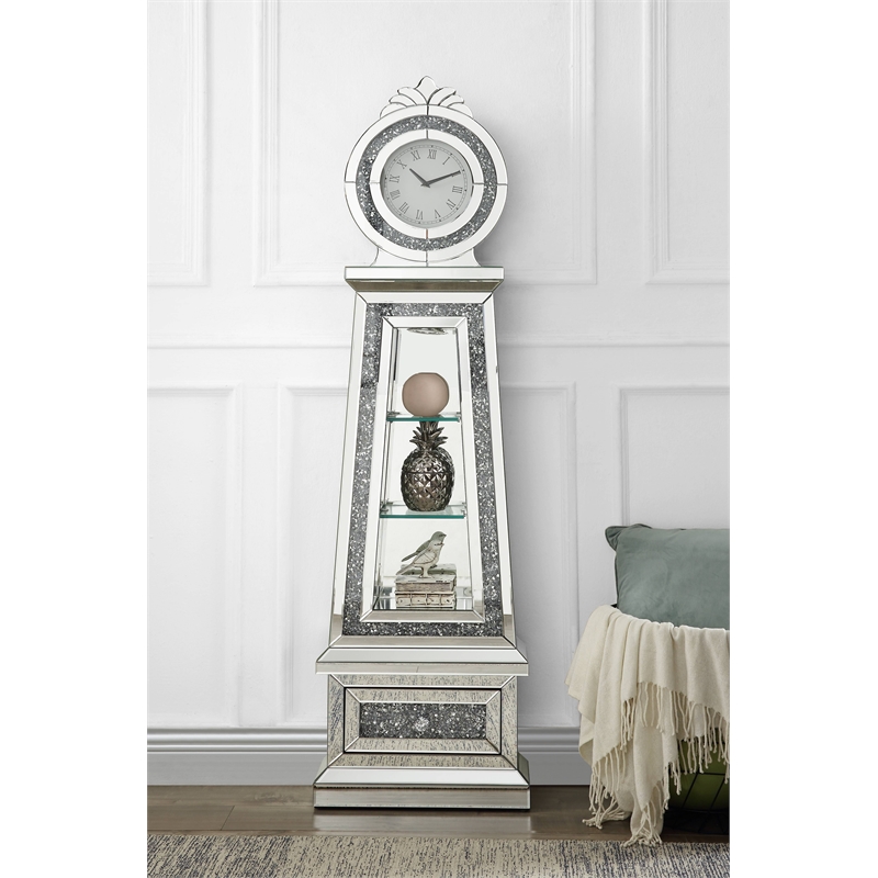 Pemberly Row Contemporary Grandfather Clock in Mirrored & Faux Diamonds