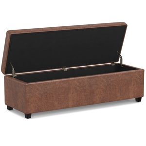 Pemberly Row 54&quotW Storage Ottoman Bench in Distressed Brown Faux Leather
