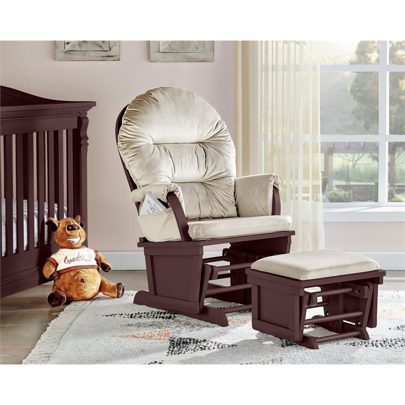 Pemberly Row Glider and Ottoman Espresso Wood and Beige Fabric