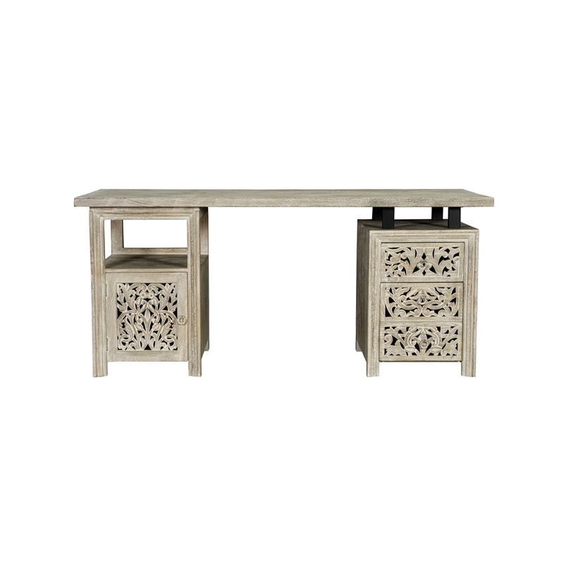 Pemberly Row 3-drawer 1-door Floral Carved Solid Wood Desk in Gray
