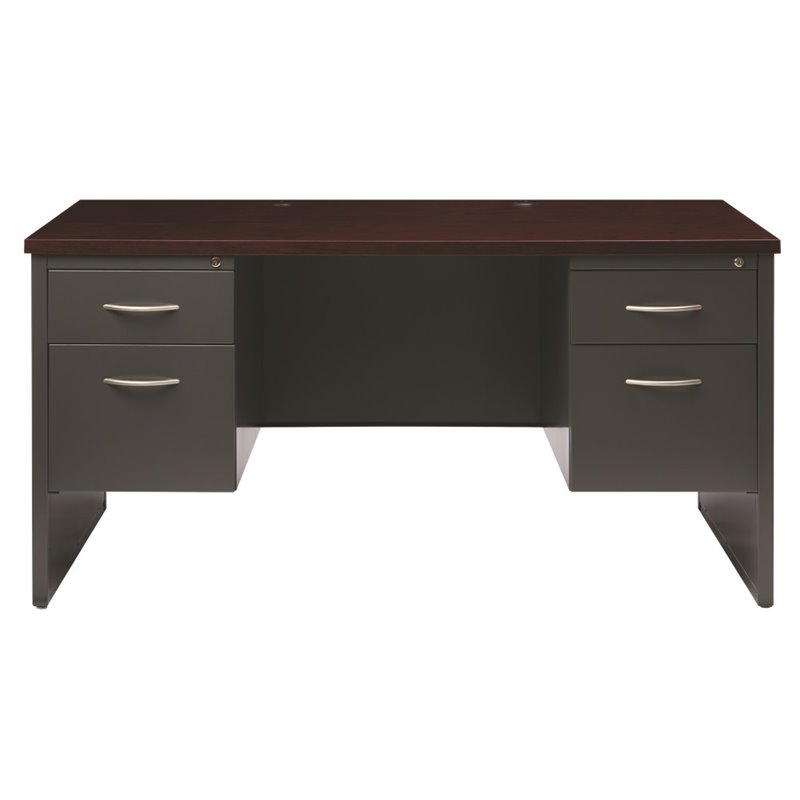 Pemberly Row Double Pedestal Metal Desk Arch Pull Handles Charcoal/Mahogany