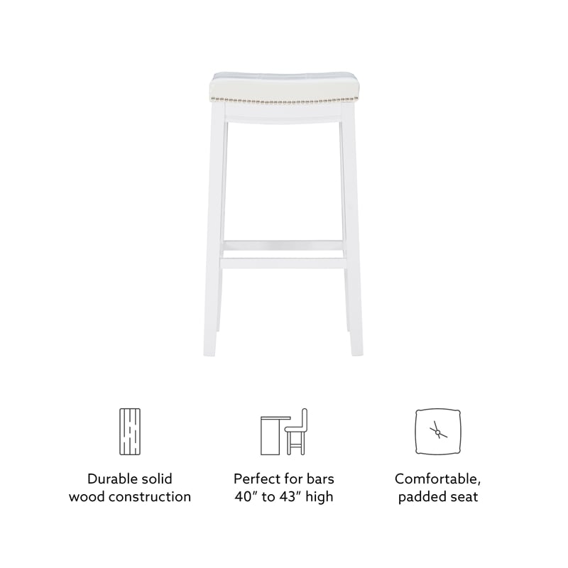 Pemberly Row Backless Bar Stool White Faux Leather Seat Wood Frame in White