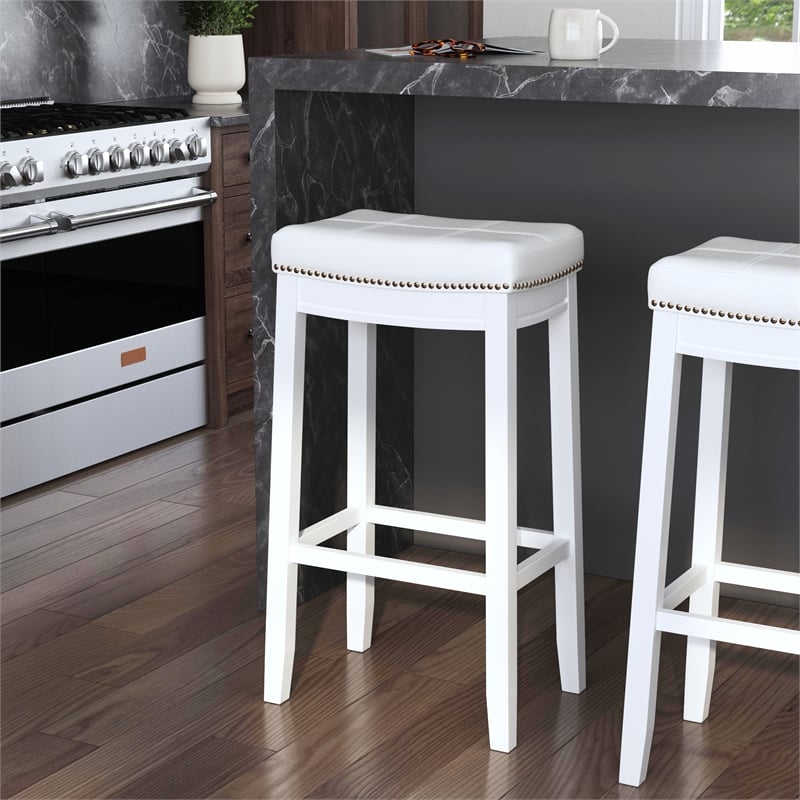 Pemberly Row Backless Bar Stool White Faux Leather Seat Wood Frame in White