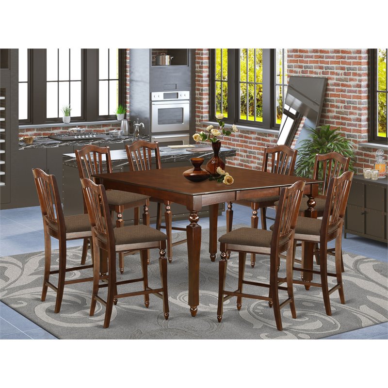 Pemberly Row 9-Piece Wood Dining Set with Stools in Mahogany