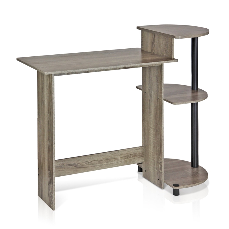 Pemberly Row Wood Compact Computer Desk with Shelves in French Oak Gray/Black