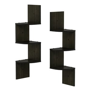 Pemberly Row Wood Wall Mount Floating Corner Radial Shelf in Espresso(Set of 2)