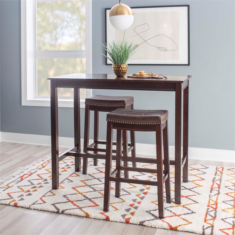 Pemberly Row Three Piece Bar Dining Set Faux Leather Seats in Brown Wood