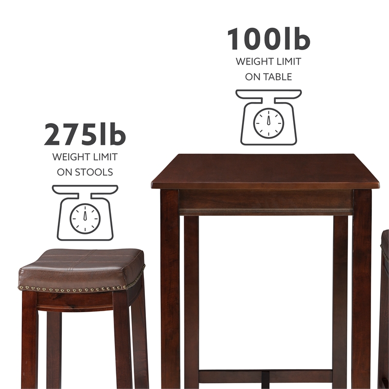 Pemberly Row Three Piece Bar Dining Set Faux Leather Seats in Brown Wood