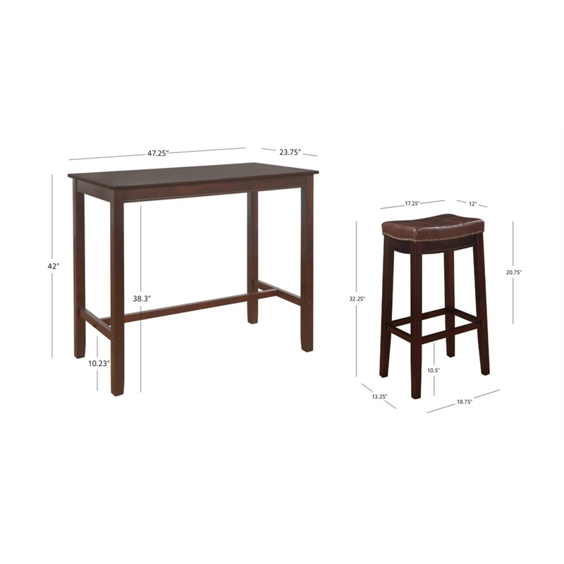 Pemberly Row Three Piece Bar Dining Set Faux Leather Seats in Brown Wood