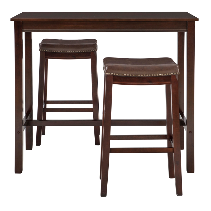 Pemberly Row Three Piece Bar Dining Set Faux Leather Seats in Brown Wood