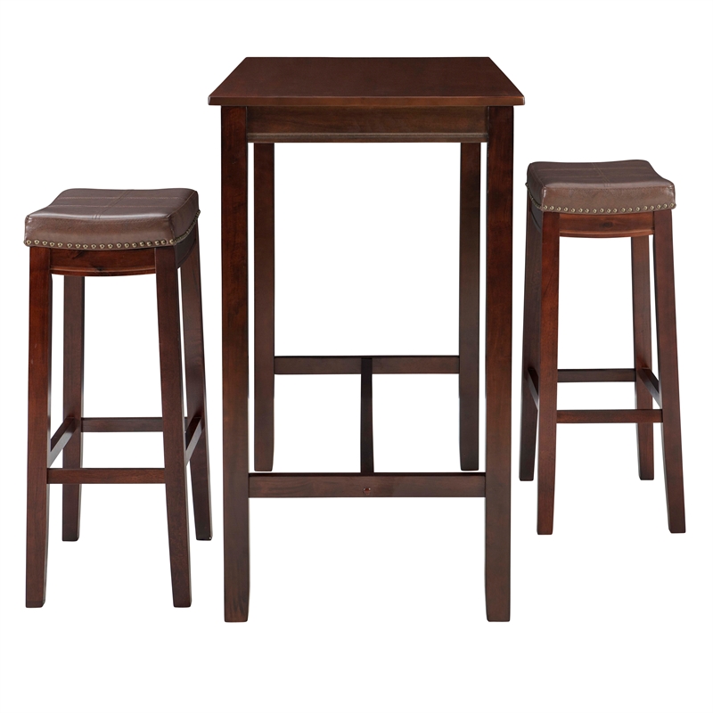 Pemberly Row Three Piece Bar Dining Set Faux Leather Seats in Brown Wood