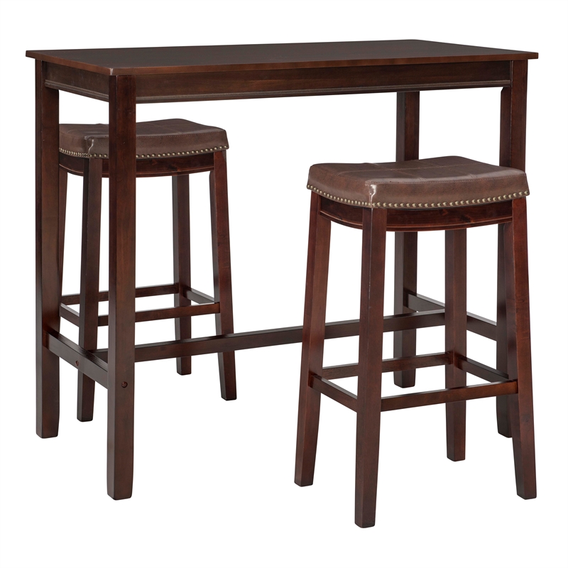 Pemberly Row Three Piece Bar Dining Set Faux Leather Seats in Brown Wood
