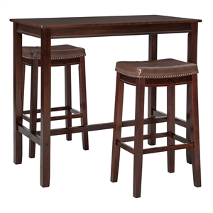 Pemberly Row Three Piece Bar Dining Set Faux Leather Seats in Brown Wood