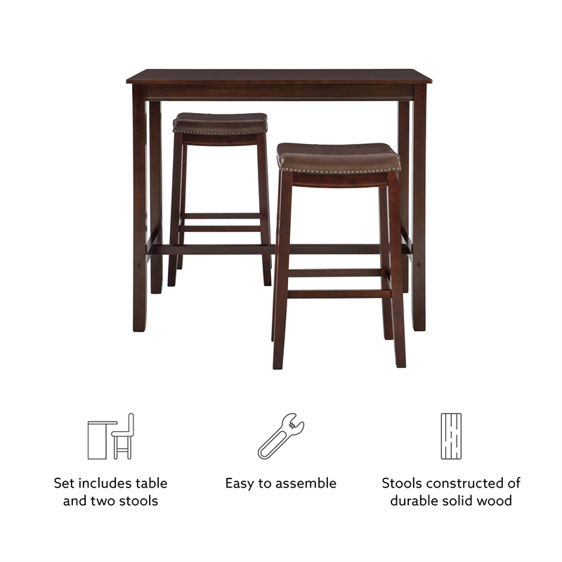 Pemberly Row Three Piece Bar Dining Set Faux Leather Seats in Brown Wood