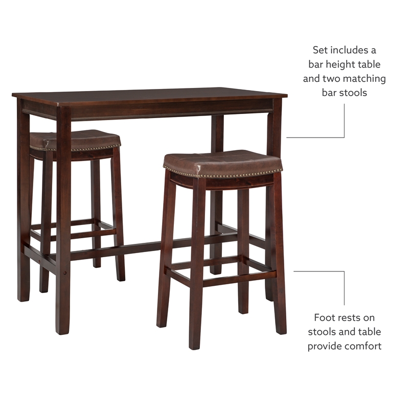Pemberly Row Three Piece Bar Dining Set Faux Leather Seats in Brown Wood